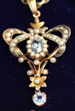 Edwardian Gold,Aquamarine , Seed Pearl Pendant with Chain  - SOLD