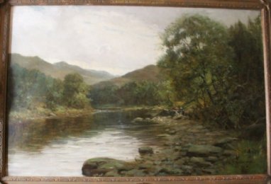 Oil painting, "children on the river bank"