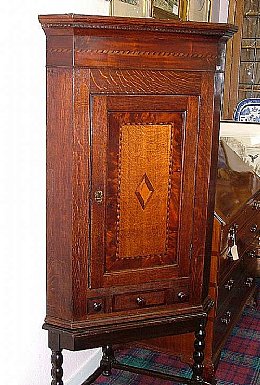 19th Cent Inlaid Oak Corner Cabinet on Stand