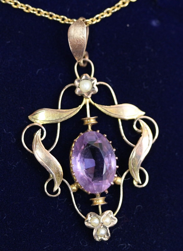 Castle Close Antiques - gold, amethyst & seed pearl pendant - Jewellery