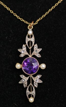 Edwardian Amethyst,Seed Pearl & Diamond Pendant