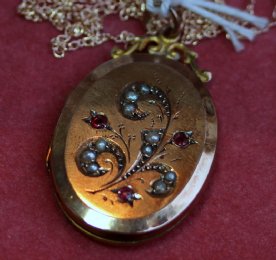 Victorian Seed Pearl & Ruby Locket with Chain